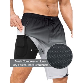 SILKWORLD Mens Swim Trunks with Compression Liner Quick Dry No-Chafing Beach Shorts for Men with Zip Pockets,Black&Gray Gradient,X-Large