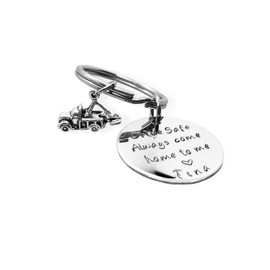 Drive Safe Keychain with Tow Truck, Always Come Home to Me, Handstamp Keychain, Truck Driver Be Safe Gift, Come Home Safe to Me