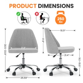 Simple Deluxe Armless Office Desk Chair, Modern Cute Swivel Vanity Chair Comfy Home Office Chairs with Wheels Height Adjustable Rolling Computer Task Stools for Living Room, Make-up, Bedroom, Grey