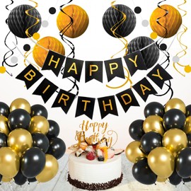 Black and Gold Birthday Party Decorations, Happy Birthday Banner with Black and Gold Balloons Honeycomb Balls Paper Circle Garland Swirl Streamers For Birthday Party Supplies