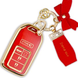 Simocky Key Fob Cover with Diamond Keychain, Car Key Shell for Women, Compatible with Honda Accord Civic Pilot Ridgeline Passport 2016-2022 Key Protector (5 Buttons-Red Bowknot)