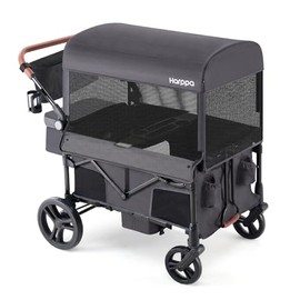 Harppa Remy Wagon Stroller for 4 Kids, Foldable 4-Seater Stroller Wagon with Mosquito Net Canopy,Snack Tray, All-Terrain 11.5" Wheels, 280Ibs Capacity for Zoo,Growing Family Outings Toddler Grey