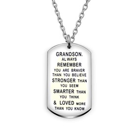 AGR8T Grandson Pendant Necklace Birthday Dog Tag Gifts for Men Boy You Are Braver Stronger Smarter Than You Think