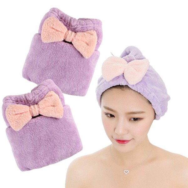 KON Towel Cap Set of 2 Hair Quick Drying Towel Hair Drying Towel Hair Towel Hair Towel Cap Purple + Purple