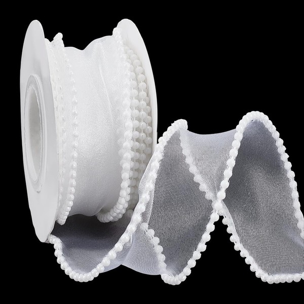 FINGERINSPIRE 4.5M White Sheer Wired Ribbon with Pearl Edges 40mm