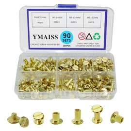 YMAISS 90 Sets Chicago Screws 3 Size 1/4,3/8,1/2in Post Rivets Screw Belt Screws Screw Posts Bookbinding Posts Binding Screw Chicago Button Leather Photo Albums Flat Head, Gold Color Box