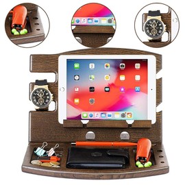 Wooden Phone Docking Station Key Holder Wallet Stand Nightstand Organizer with Key Holder, Wallet Stand, Watch Organizer and Watch Holder Pen Holder for Anniversary Birthday