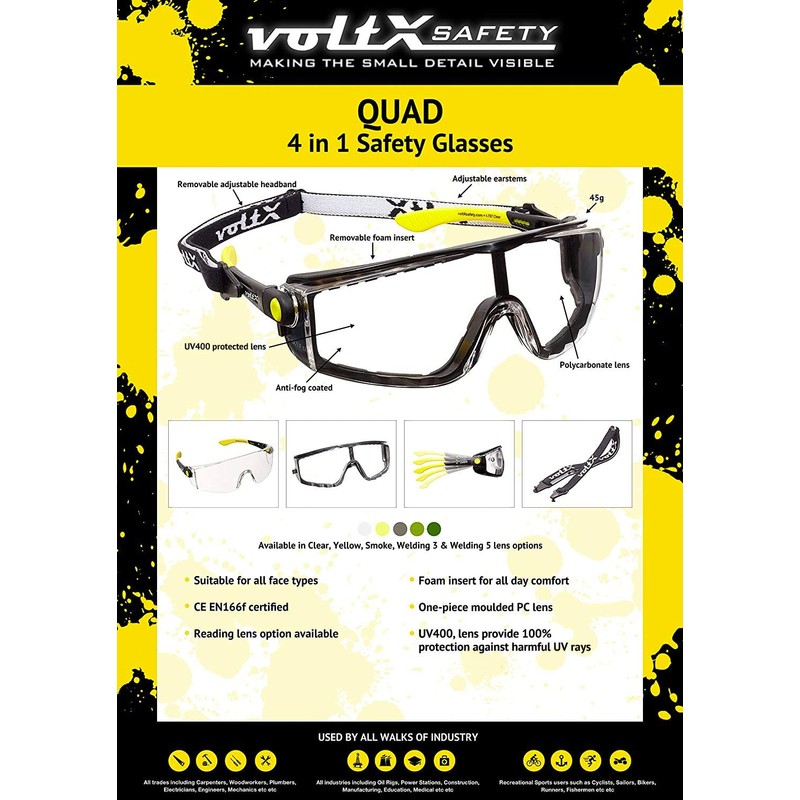 voltX 'QUAD' 4 in 1 CLEAR Lens Safety Glasses, with