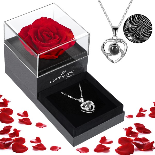 ADEXDO Anniversary Flowers Gifts for Her, Preserved Real Rose with I Love You Necklace, Gifts for Her Girlfriend Mom Grandma Wife on Mothers Day Anniversary Birthday Gifts for Women, Silver