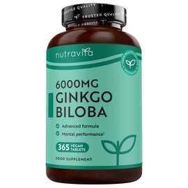 Nutravita Ginkgo Biloba 6000mg Vegan Tablets Enriched with Vitamin B5 – 365 Tablets – Ginko Biloba High Strength Supplement – 50:1 Extract - 1 Year Supply
