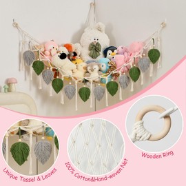 Pretty Jolly Macrame Leaf Wall Hanging Storage Hammock, 59" Boho Corner Organizer with Tassels, Stuffed Animal Plush Holder for Kids Room Nursery Decor (Avocado Green & Light Grey)