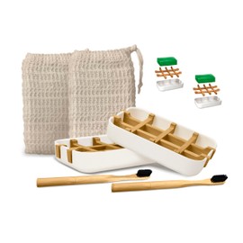 EDARTO 2 x Sustainable Eco Friendly Natural Bamboo Wood Soap Dish with Bamboo Fibre Draining Tray + 2 x Soap Bags / 100% Natural Sisal for Body Scrub