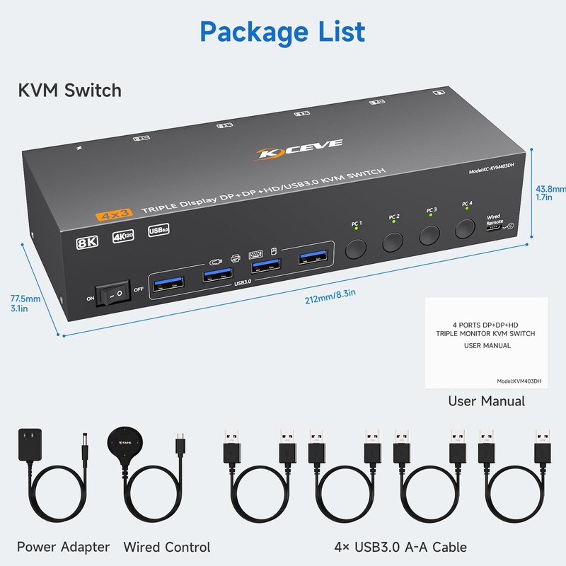 HDMI+2 Displayport KVM Switch 3 Monitors 4 Computers 8K@60Hz 4K@144Hz,4
