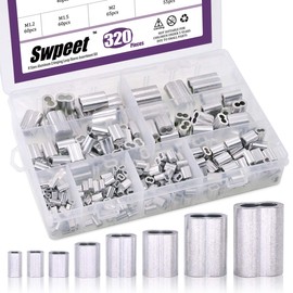 Swpeet 320Pcs 8 Sizes Aluminum Crimping Loop Sleeve Cable Ferrule Assortment Kit for Wire Rope and Cable or Anything Else Require Strong Cable
