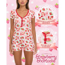 COCO BRANDS Womens Romper - 1 Piece Short Sleeve Strawberry Shortcake Pajamas Onesie Sleepwear for Women (Sizes: S-XL), Size Large, Pink & White Checkerboard/Strawberries