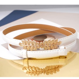 Liutufy Women's Thin Leather Belt Adjustable Skinny Waist Belt for Dresses Jeans (Leaf White-S)