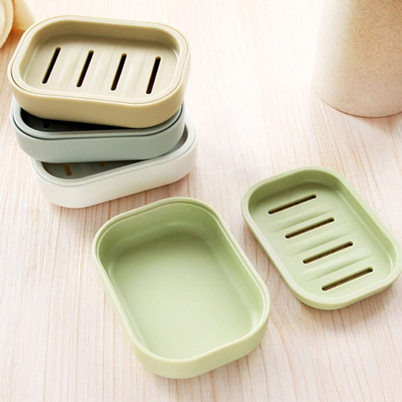 Soap Dish, Green Plastic Double Soap Holder Box with Drainage