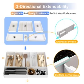ママ倉 Silverware Drawer Organizer，Expandable Utensil Drawer Organizer for Kitchen,Utensil Organizer Expandable in Three Directions,White