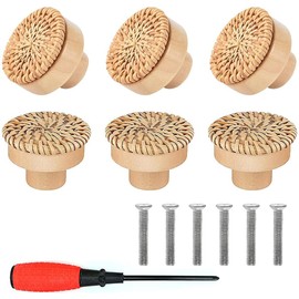 EXFU Pack of 6 Furniture Knobs, Wood, Rattan Furniture Knobs, Wooden Door Drawer Handles, Round Wooden Knobs, Natural Cabinet Knobs with Screws, Furniture Knobs, Wood Boho Decoration, with Screws