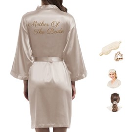 Y WJing Yi Jia Women's Silk Bridesmaid Bathrobe Women's Satin Bridal Bathrobe Wedding Party with Eye Mask and Hair Tie 3-in-1 Set Monogram Print Wedding Dress Kimonos Bathrobe, Pale Champagne-M