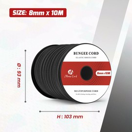 Abma Cord Bungee Cord 8mm 10M Elastic Shock Cord 100% Stretch Elastic Bungee Rope for Tarpaulin, Trailer, Backpack, Tent Pole, Kayak - Black