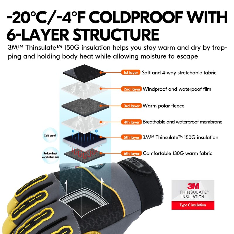 Vgo... Winter Waterproof Working Gloves, Cold Weather Duty Thermal Safety