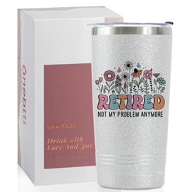 Onebttl Retirement Gifts for Women, Unique Retirement Tumbler for Women, 20oz Stainless Steel Skinny Tumbler with Spill-Proof Lid, Retired Gifts for Grandma, Nurse, Teacher, Glitter Silver - Retired