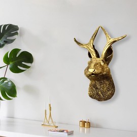 Numfog Jackalope Wall Mount,Gold Animal Heads for Wall，AimalHead Wall Decor,Wall Sculptures,Deer Antler Decor,Resin Vintage Hanging Ornaments,Whimsical Decor