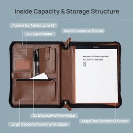 POPRUN Portfolio Binder with Zipper, Leather Padfolio Document Organizer with Storage, Professional Business Briefcase Ideal for Meeting Presentation Work-Includes 50 Sheet Writing Pad, Brown