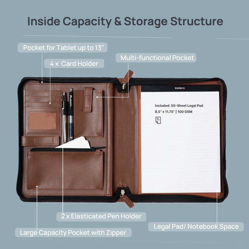 POPRUN Portfolio Binder with Zipper, Leather Padfolio Document Organizer with