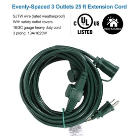 DEWENWILS 25 Ft Extension Cord Outdoor, Evenly Spaced 3 Outlets Plugs with Safety Cover, 16/3 SJTW Weatherproof Wire for Outdoor Lights, UL Listed
