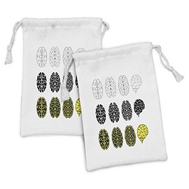 Lunarable Science Fabric Pouch Set of 2, Bicolour Modern Style Human Brains Organ Anatomy Theme Illustration Artwork, Small Drawstring Bag for Toiletries Masks and Favors, 9" x 6", Yellow White Black