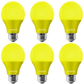 LUXRITE A19 Yellow LED Bug Light Bulbs, 60W Equivalent, Non-Dimmable, UL Listed, E26 Standard Base, Indoor Outdoor, Porch, Deck, Patio, Backyard, Front Door, Home Lighting (6 Pack)