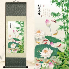 Newscz Asian Wall Art for Bedroom & Kitchen - Silk Scroll Paintings with Bamboo, Lotus Flower Themes - 36 x 12 in