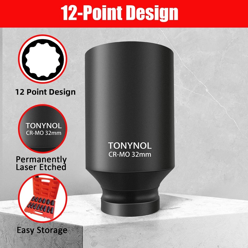 TONYNOL 1/2 Inch Deep Drive Impact Socket Set,12-Point,Metric (10mm-32mm),14 Pcs,Cr-Mo