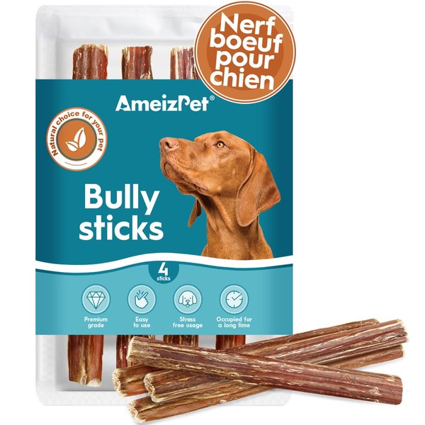 AmeizPet Bully Sticks Dog Treats, 4 Pcs Nerf Beef for Dogs, Long-Lasting Dried Beef Nerve Dog 12 cm (4.7 Inches)