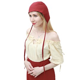 KUOIN Medieval Coif Cap Women's Victorian Hat Colonial Cosplay Headwear (DarkRed)