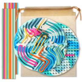 Sensory Activity Board ，Silicone Fidget Toy for Calming, Quiet Sensory Toys for Kids 3+ & Adults, Stress/Anxiety/ADHD & Autism Calming Toy , Includes Travel Bag & 18 Strings（Blue-White，Circle）