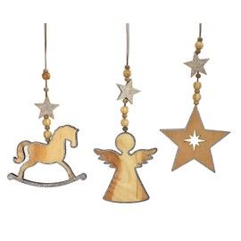 TEMPELWELT 3 x Decorative Pendant Angel Star Rocking Horse 24 cm Natural Wood Window Decoration Chain Wooden Pendant Winter Christmas