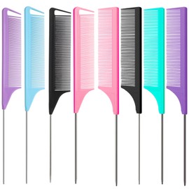 8pcs Rat Tail Combs Set,Long Steel Pin Teasing Combs for Salon Hair Stylists,2 styles and multiple colorsb of Metal Parting Combs for Women,Hair Teasing Fine Tooth Comb Aigee