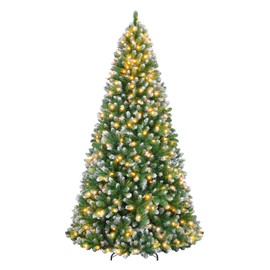 Hykolity 6 ft Prelit Christmas Tree with 250 LED Warm White Lights, Partially Snow Flocked Artificial Tree, 1032 PVC Branches, Metal Stand and Hinged Branches, Holiday Decoration for Home