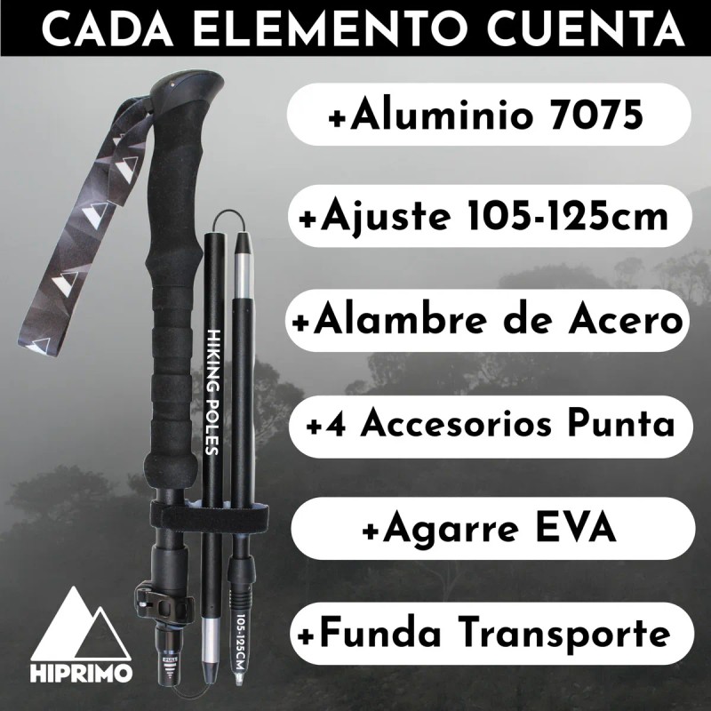 Baston De Senderismo Ajustable 105-125cm Plegable Antishock Color Negro