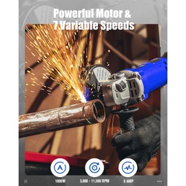 AVID POWER Angle Grinder 4-1/2 Inch 8.0 Amp 1000W Electric Grinder Tool 7-Variable-Speed Metal Grinder, 11,500 RPM, Paddle Switch with Lock-on Button, Cutting & Grinding Wheels and Side Handle - Blue