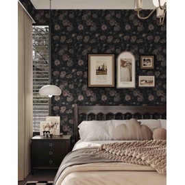 Heroad Floral Wallpaper Peel and Stick Black and Pink Rose Wallpaper Oil Painting French Wall Paper for Bedroom Removable Thicken Texture Self-Adhesive Waterproof Decoration 17.3In x 11.5Ft