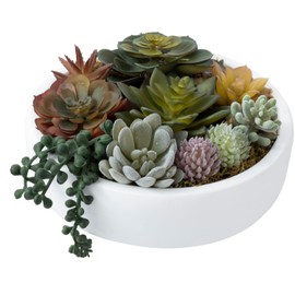 MyGift 8 Inch Round Modern Artificial Succulent Arrangement Potted in White Concrete Plant Bowl, Assorted Faux Mini Succulents in a Decorative Planter Pot