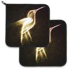 Hummingbird Glitter Gold Pot Holder Set of 2,Heat Resistant Potholders Oven Hot Pads for Kitchen Cooking Baking BBQ
