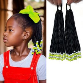 2pcs Kids Ponytail Extension With Beads Box Braids ponytails Hairpieses for Kids Braids with Beads Protective Braided Hairstyles for Black Girls(10inch)
