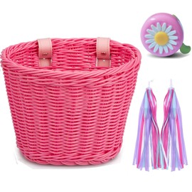 Bike Basket Kid Bicycle Basket Bike Accessories, 1pc Bicycle Bell with Stickers, 1pc Kid Bicycle Front Basket and 1pairs Colorful Ribbons Tassels Decoration for Girl Boy (Pink)