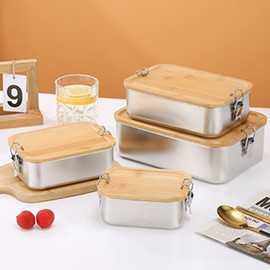Bento Lunch Box for Adults / Children, Stainless Steel Lunch Box and Lunch Box 800 ml/1200 ml/1500 ml, Metal Box with Wooden Lid, BPA & Plastic-Free Bread Box, Breakfast Box for Nursery, School &