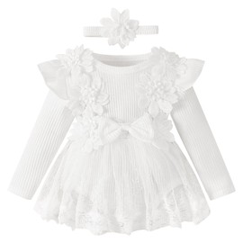 Odizli Baby Girls Autumn Winter Long Sleeve Flower Lace Romper Dress + Headband Outfit, White